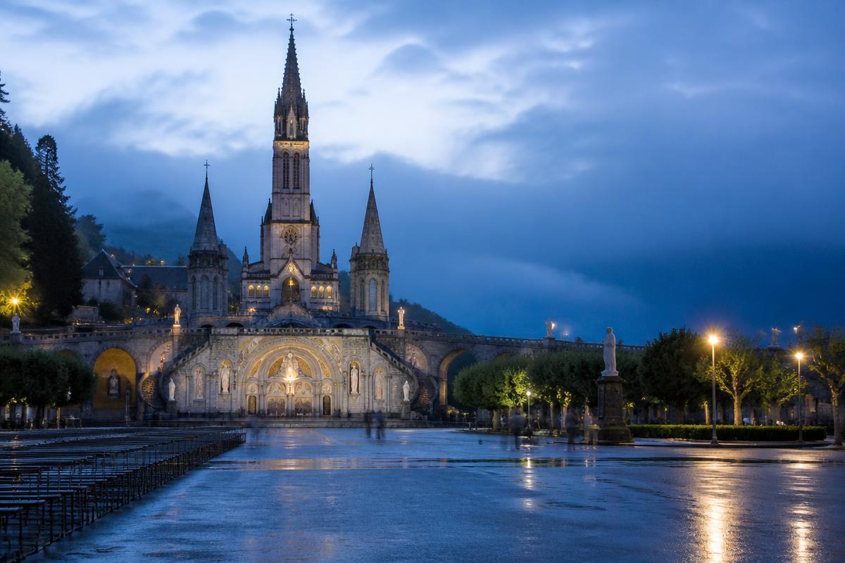 La basilique du sanctuaire de Lourdes à l'aube, dans la brume du matin